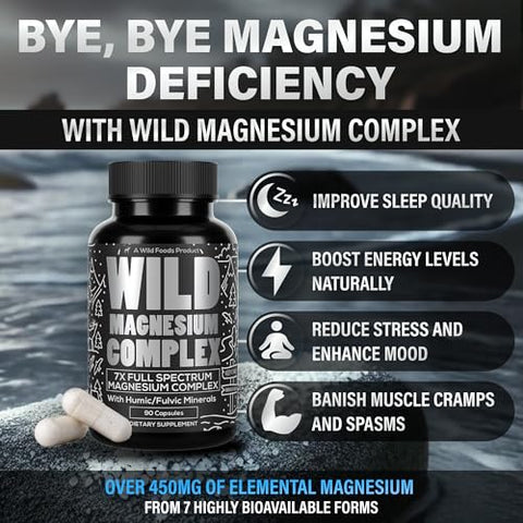 Complexo de Magnésio – 7X Formas, 90 Cápsulas – Magnésio Glicinato, Bisglicinato, Malato, Orotato, Citrato de Alta Absorção – Magnésio de Espectro Completo - Wild Foods