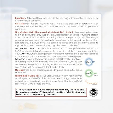 Pure Therapro Rx - MicroActive CoQ10 e MicroPQQ Shilajit “Liberação Sustentada” 60 Cápsulas Vegetais | Dose Clínica Conveniente de Uma Vez ao Dia | Suprimento de 2 Meses | Vegano | Grau Farmacêutico