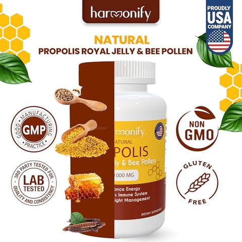 HARMONIFY - Extrato de Própolis, Geleia Real e Pólen de Abelha com Alfarroba – Suplemento Puro de Suporte Imunológico, Cápsulas Vegetarianas, Livre de Glúten, 1000 mg