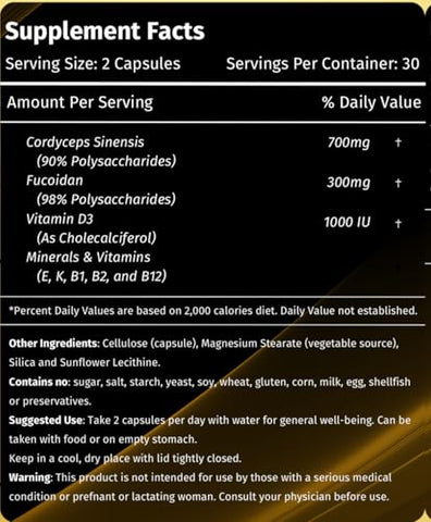 L & L Supplement - Cordyceps FD1000 Fórmula do Farmacêutico – Cordyceps Fucoidan Vitamina D LL – 60 Cápsulas