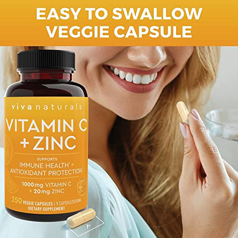 Suplemento de Vitamina C e Zinco (250 Cápsulas) – 1000 mg de Vitamina C com 20 mg de Zinco – Suplementos Antioxidantes para Suporte Imunológico – Zinco à Base de Plantas e Vitamina C - Viva Naturals