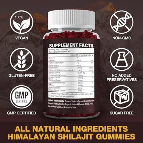AAKSUS - Gummies de Shilajit com 10.000 MG e 85 Minerais Traços – Energia, Cérebro, Imunidade – Testado por Terceiros – Vegano