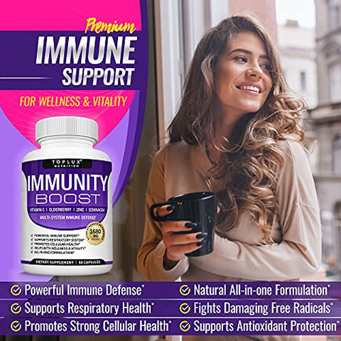 Toplux - Suplemento Imunidade Boost Suporte Imunológico – 1650mg 10 em 1 com Sabugueiro, Vitamina C, Zinco, Equinácea