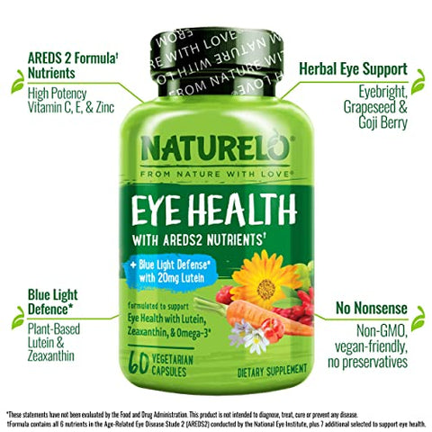 Eye Vitamins – Fórmula AREDS 2 com Nutrientes de Luteína, Zeaxantina, Vitamina C, E, Zinco, além de DHA – Suplemento para Olhos Secos, Visão Saudável, Suporte Ocular – 60 Cápsulas Veganas - NATURELO