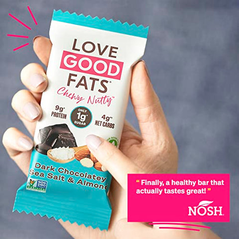 LOVE GOOD FATS - Barras de Proteína Keto à Base de Plantas Love Good Fats – Chocolate Amargo, Sal Marinho e Amêndoas – 13g de Gorduras Boas, 9g de Proteína, 4g de Carboidratos Líquidos, 1g de Açúcar, Sem Glúten, Não-OGM – Dark