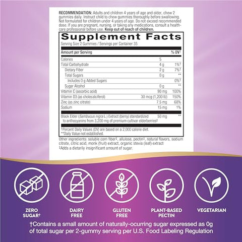 Nature's Way - Nature’s Way Sambucus Gummies Zero Açúcar, Suporte Imunológico Diário, Extrato de Sabugueiro Negro, Vitamina C, Vitamina D3, Zinco, Livre de Açúcar, Livre de Álcool Açucarado, Baseado em Plantas