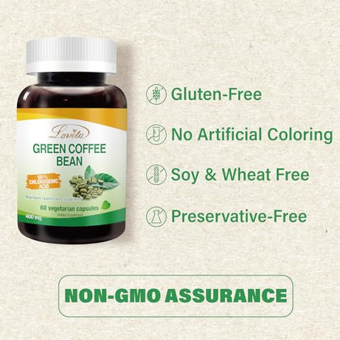 Green Coffee Bean Extract: Antioxidante Natural, Alta Potência – 1600mg Equivalente, 50%% Ácido Clorogênico, Suplemento Alimentar Vegano – 60 Cápsulas - Lovita
