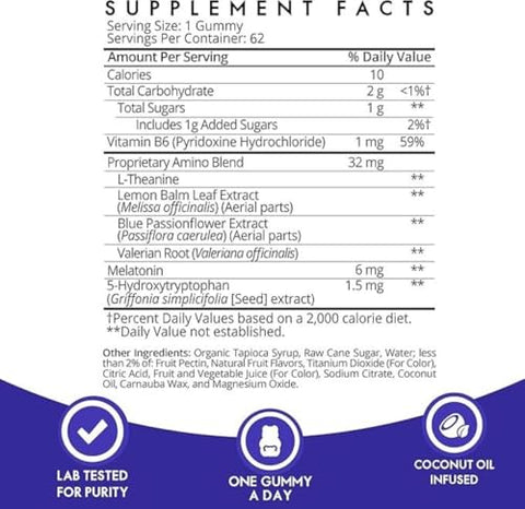 Sleep Gummy – Suplemento de Sono para Adultos com Melatonina Extra Forte 6mg, Magnésio, L-Teanina, 5 HTP, B6, Raiz de Valeriana, Melissa – Comprimido Mastigável para Dormir, Auxílio Vegano ao Sono - SugarbearPro