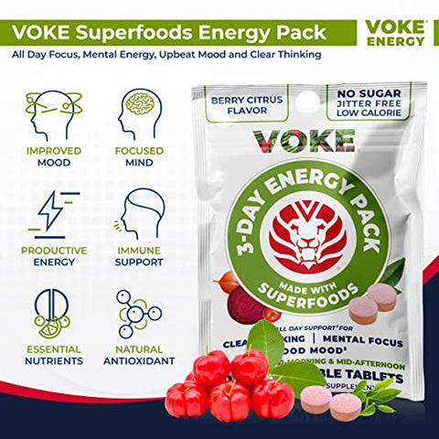 ENERGY TABLETS – Comprimidos Mastigáveis Superfood de Foco Rápido, Portáteis de Bolso, Embalagem Reselável, Vitamina C, Suporta Concentração, Memória, Pensamento Claro e Bom Humor - Voke