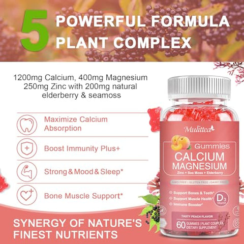 Mulittea - Gomas de Cálcio 1200mg com D3, K2, Zinco – Complexo de Plantas de Cálcio e Magnésio com Glicinato, Potássio e Vitamina C