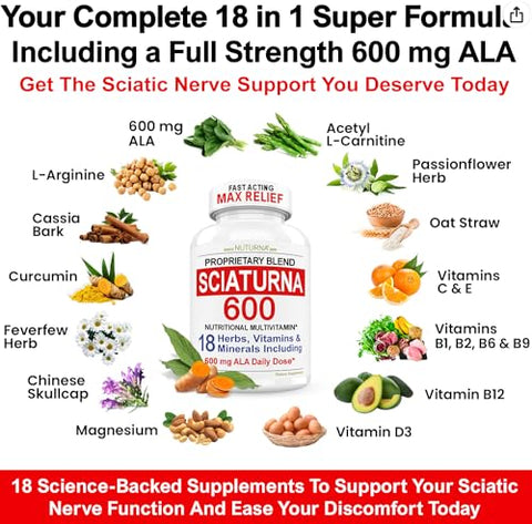 Nuturna - Fórmula de Suporte para Alívio do Nervo Ciático com 600 mg de Ácido Alfa Lipóico – Fórmula 18 em 1 para Ciática na Região Lombar, Quadril, Perna, Pé – Curcumina de Cúrcuma – 120 g