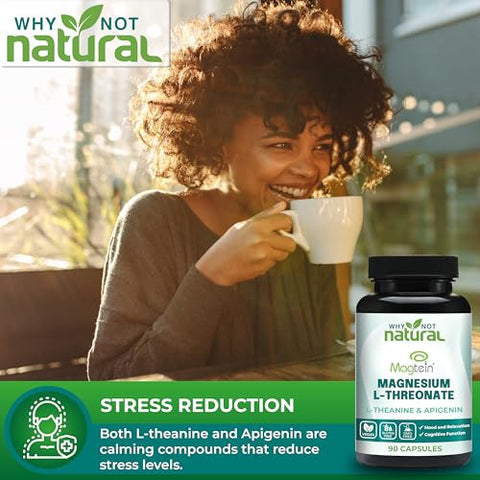 Why Not Natural - Complexo de Magnésio L-Treonato com Apigenina e L-teanina 90 Cápsulas, Suplemento Patenteado Magtein