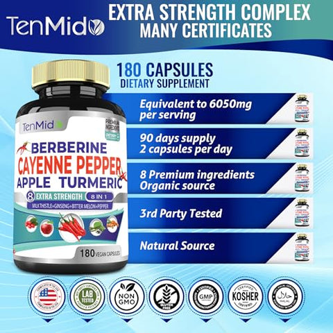 Tenmido - Cápsulas de Extrato de Pimenta Caiena 6050mg, 180 Cápsulas – Marca Cayenne Pepper
