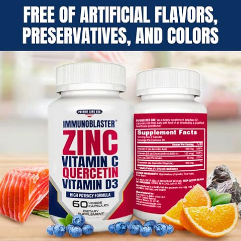 IMMUNO BLASTER - (2 Pacotes) ImmunoBlaster Zinc Quercetina 500mg com Vitamina D e C – Suporte Imunológico Antioxidante de Alta Potência para Homens e Mulheres – Livre de Glúten e Soja
