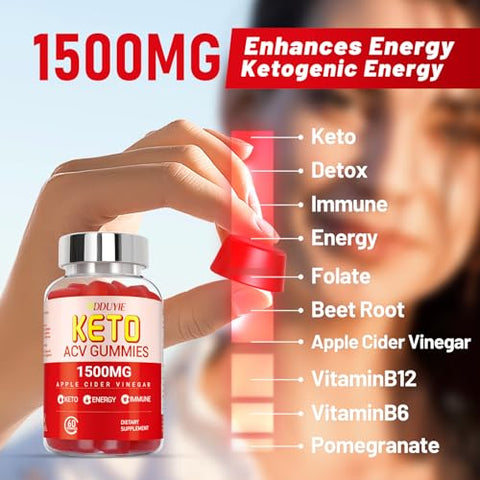 DDUYIE - (3 Pacotes) Gummies Keto ACV Extreme de 1500MG, Gummies, Vinagre de Maçã Formulado com Pó de Romã e Beterraba e B12, Vegano e Não GMO, 180 Gummys