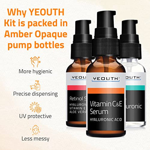 Serum Retinol para o Rosto, Serum Vitamina C para o Rosto com Ácido Hialurônico, Serum Retinol para o Rosto, Serum Vitamina C para o Rosto Mulheres, Kit Cuidados com a Pele 3×30 ml - YEOUTH