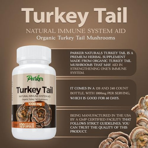 Parker Naturals - Cápsulas de Cogumelo do Rabo de Peru – Suplemento Orgânico de Cogumelo para Apoio à Saúde do Sistema Imunológico – 1000 mg de Suplementos Premium de Cogumelo – 120 Cápsulas