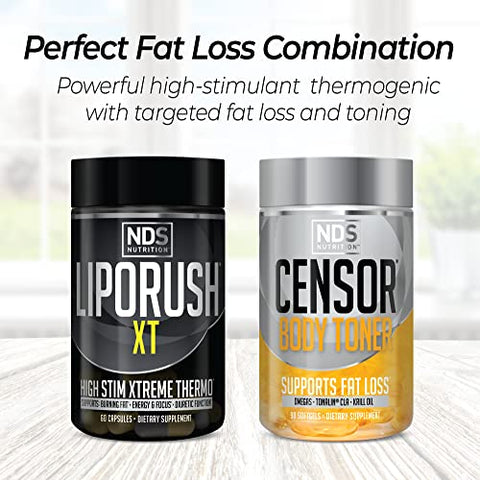 LIPORUSH - NDS Nutrition Dual Impact Stack – Resultados Sérios com Teacrine, L-Carnitina, CLA – Censor 90 Softgels XT 60 Cápsulas