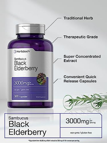 Black Elderberry | 3000mg Cápsulas | 300 Unidades | Sem GMO, Sem Glúten | Suplemento de Sambucus - Horbäach