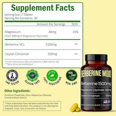 Berberine Mojo - Suplemento de Berberina 1500mg com Glicinato de Magnésio 240mg e Canela do Ceilão 100mg para Saúde Intestinal