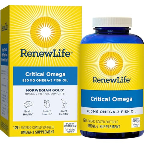 Norwegian Gold Critical Omega Softgels – Suporte Diário para Coração, Cérebro e Articulações – Ômega-3 EPA e DHA – Livre de Laticínios e Glúten – 850 Mg 120 Cápsulas - Renew Life