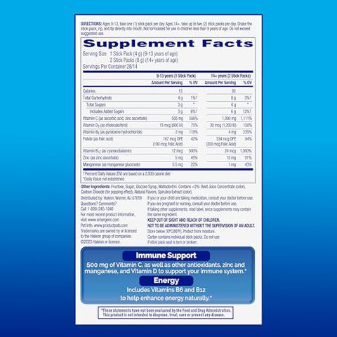 Immune Plus Crystals – Suplemento de Suporte Imunológico On-The-Go com Vitamina C, Vitamina D, Vitaminas do Complexo B, Zinco e Manganês, Sabor Limonada de Frutas Vermelhas – 28 Sachês - Emergen-C
