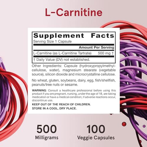 L-Carnitina 500 mg, Suplemento Alimentar, Suporte para Produção de Energia Celular, 100 Cápsulas Vegetais, Fornecimento de 100 Dias - Jarrow Formulas