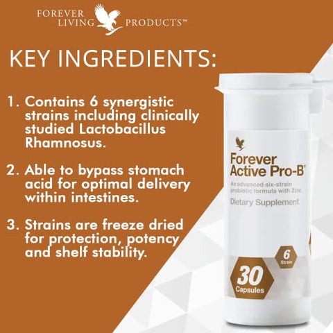 Forever Living Products - Forever Living – Forever Active Pro-B: Probiótico Avançado para Saúde Digestiva – 8 Bilhões de UFC, 6 Cepas Sinérgicas, Soja