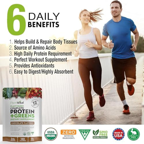 Plantvital - PlantVital: Pó de Proteína Vegana à Base de Plantas, Chocolate Orgânico, 24g/0g açúcar, 12 Superfoods, Vegetais, Probióticos, Cacau Cru, Couve, Beterraba, Spirulina, Ervilha