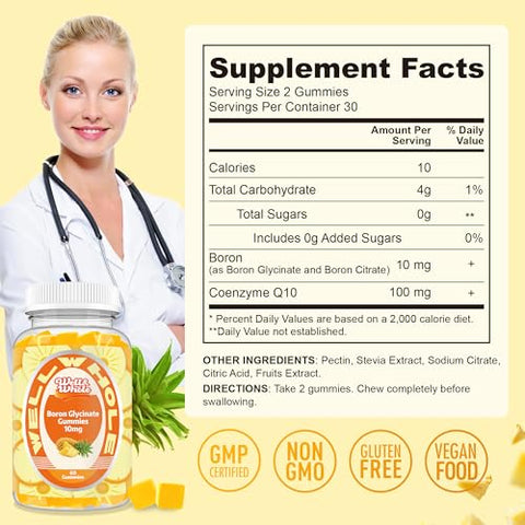 Well&Whole - Gomas de Boron Glycinate 10mg, CoQ10 100mg, Auxiliam na Absorção de Cálcio e Magnésio, Interações com Vitamina D, 60 Unidades