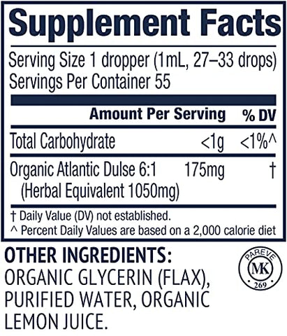Extrato de Dulse Atlântica Orgânica USDA, 55 Porções – Suplemento Líquido de Algas Marinhas Dulse em Gotas – Livre de Álcool, Vegano - Vimergy