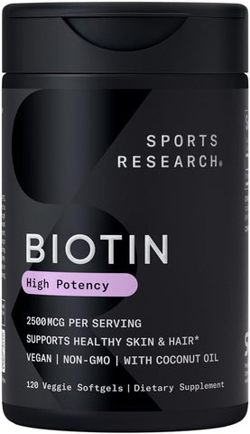 Vegan Biotin 2500mcg com Óleo de Coco Orgânico – Biotina Extra Forte Vitamina B7 para Cabelos Mais Saudáveis – 60 cápsulas - Sports Research
