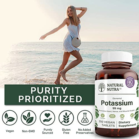 Gluconato de Potássio Elemental 99 mg – Energia, Sistema Nervoso, Saúde Cardíaca, Regulação Mineral, Função Muscular – 250 Comprimidos Veganos - Natural Nutra