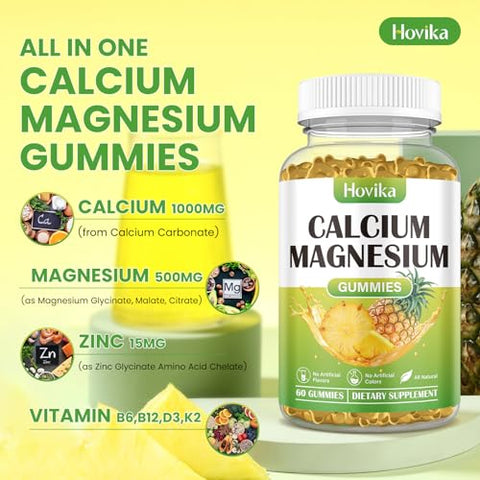 Hovika - Gomas de Cálcio Magnésio Zinco, Relação Cálcio Magnésio 2:1 com Vitamina D3, K2, B6, B12 para Fortalecimento Ósseo, Função Muscular