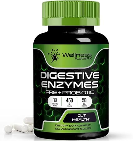 WELLNESS LABSRX - Enzimas Digestivas com Probióticos e Prebióticos – 450mg – 5 Bilhões de UFCs – Cápsulas de Super Enzimas Pura para Digestão – Enzimas Digestivas para Mulheres