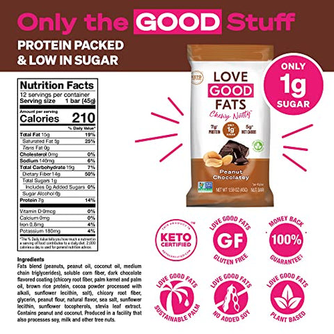 LOVE GOOD FATS - Barras de Proteína Love Good Fats à base de plantas Keto – Amendoins Crocantes e Chocolate Amargo – 13g de Gorduras Boas, 7g de Proteína, 5g de Carboidratos Líquidos, 1g de Açúcar, Sem Glúten, Não-OGM – Amendoim
