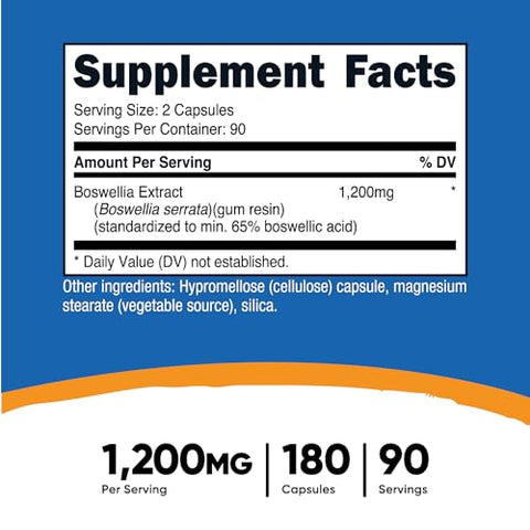 Extrato de Boswellia 65% Ácido Boswélico Cápsulas (1.200 MG) (180 CAPS) – Livre de Glúten, Não-OGM, Vegetariano - Nutricost