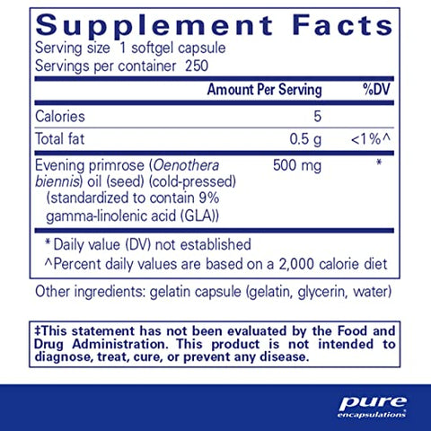 E.P.O. Óleo de Prímula da Noite | Suplemento Dietético Hipoalergênico com 9% GLA | 250 Cápsulas Softgel - Pure Encapsulations