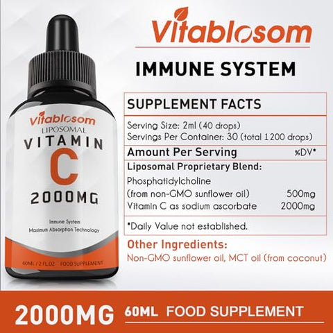 Vitablosom - Vitamina C Lipossomal 2000mg Líquida para Adultos, Alta Absorção VIT C, Potencialize a Vitamina C, para Sistema Imunológico