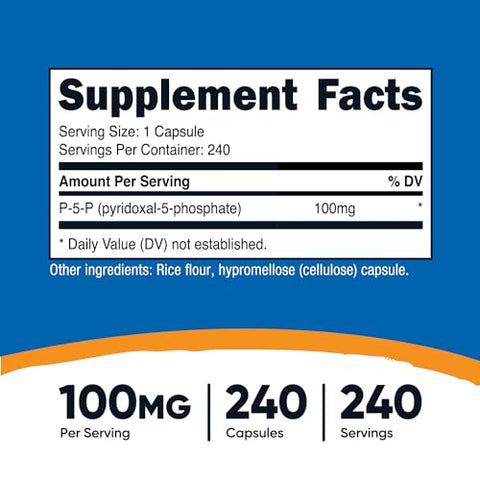 P5P Vitamina B6 100mg, 240 Cápsulas (Piridoxal-5-Fosfato) – Vegetariano, Não-OGM, Sem Glúten - Nutricost