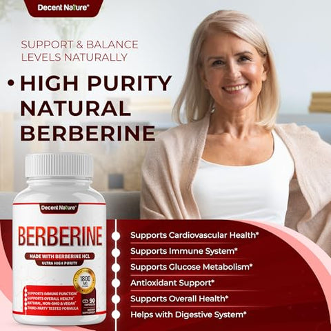 DECENT NATURE - Berberine 1800mg – Premium Berberine HCl 97%% Alta Pureza Berberine Plus, Suporte ao Sistema Imunológico, Alta Potência Berberine Hydrochloride, Não-OGM Vegano, para Homens Mulheres 90