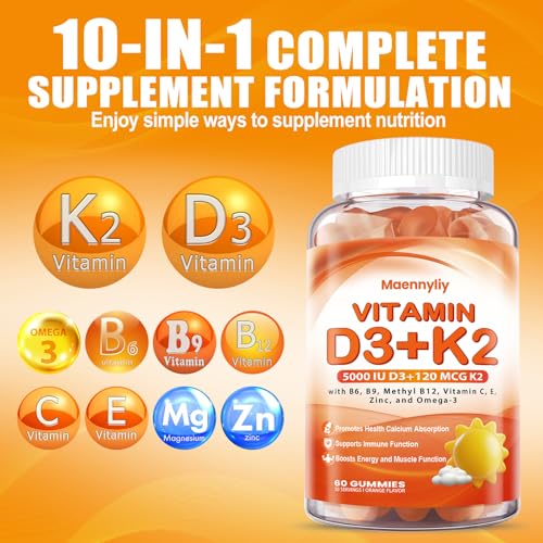 Maennyliy - Vitaminas D3 K2 Gummies para Adultos – D3 5000IU K2 (MK-7) 120mcg – Sem Açúcar – Suplementos D3 e K2 com Ômega-3, Metil B12, B9, B6, Vitamina E