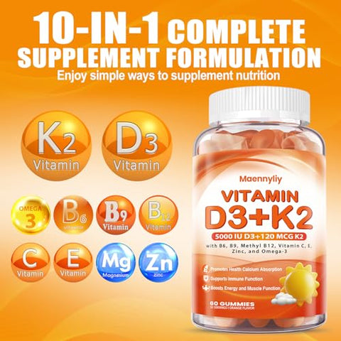 Maennyliy - Vitaminas D3 K2 Gummies para Adultos – D3 5000IU K2 (MK-7) 120mcg – Sem Açúcar – Suplementos D3 e K2 com Ômega-3, Metil B12, B9, B6, Vitamina E