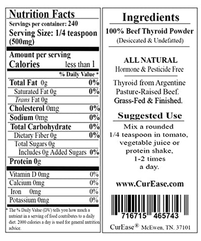 CurEase - Pó de Tireoide Bovina – Alimentação a Base de Pasto – 100g