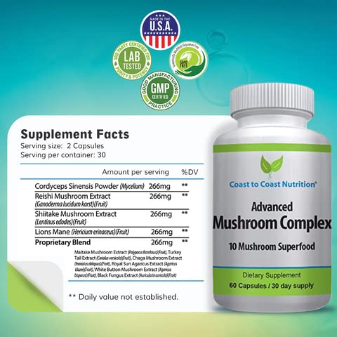 Coast to Coast Nutrition - Complexo Avançado de Cogumelos – Lion’s Mane, Reishi, Cordyceps, Chaga, Turkey Tail, Maitake 10X Mistura de Cogumelos Superfood – Suporte Imunológico