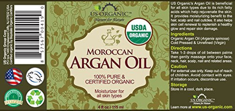US Organic - Óleo de Argan Marroquino Orgânico US, Certificado pelo USDA, 100% Puro – 30ml