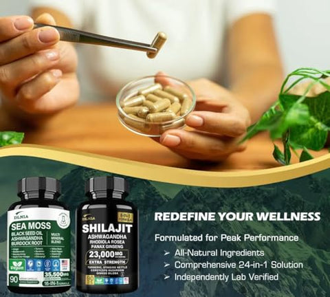 DLNIA - Shilajit 9000mg, Sea Moss 17500mg, Gengibre – Potência Natural para Energia e Saúde