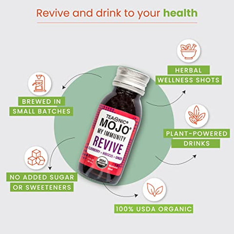 My Immunity Mojo: Revive, Suco Herbal com Sabugueiro, Hibisco e Gengibre, Orgânico Certificado pelo USDA, Vegano, Sem Glúten, 12 Pacotes, 60 ml Cada (12x60ml) - TEAONIC