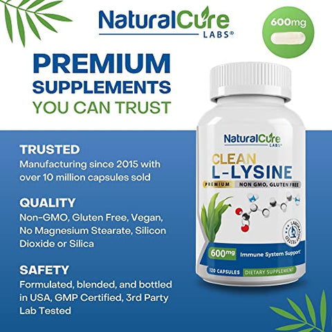 Natural Cure Labs - Clean L-Lysine 600mg, 120 Cápsulas | Vegano, Não-OGM | Marca Clean