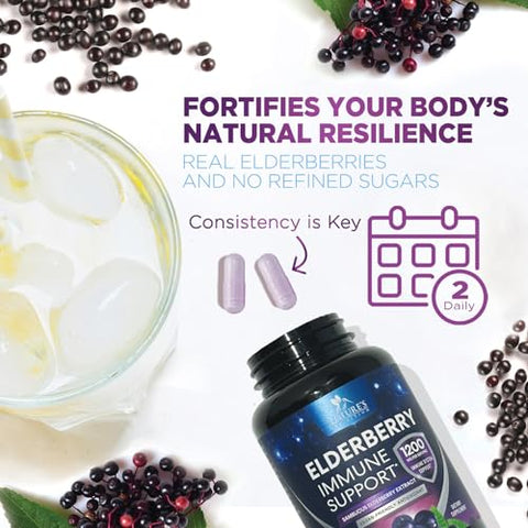 Nature's Nutrition - Cápsulas de Extrato 10:1 de Sabugueiro para Suporte Imunológico – Suplemento Diário de Suporte Imunológico para Adultos, Vitaminas Naturais de Sabugueiro Preto Sambucus, Vegano, Sem Açúcar